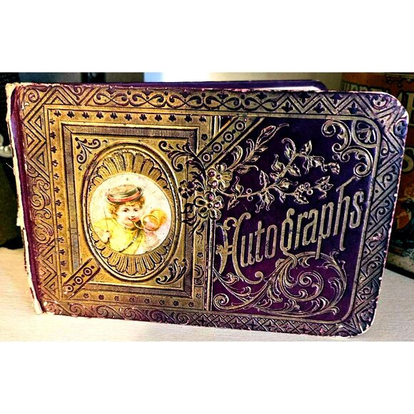 1800's Antique Victorian Leather German Autograph Album Die Cuts Friendship Book